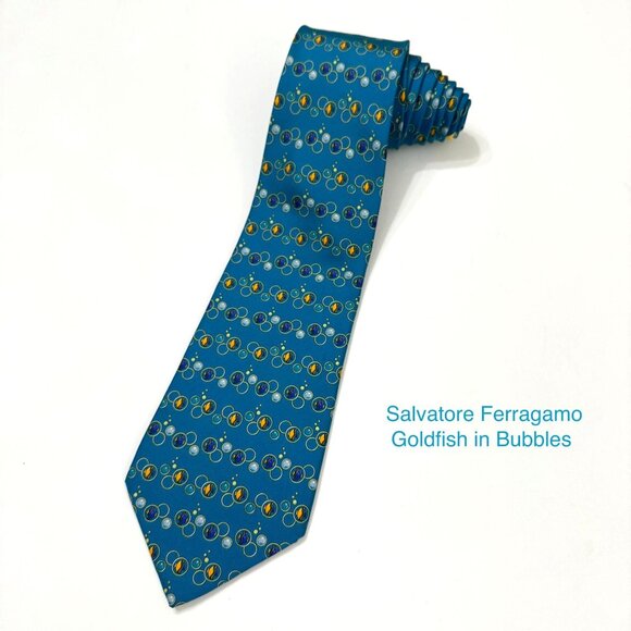 Salvatore Ferragamo Silk Neck Tie Goldfish Bubbles Pattern Teal Men's Neckwear - Picture 1 of 12